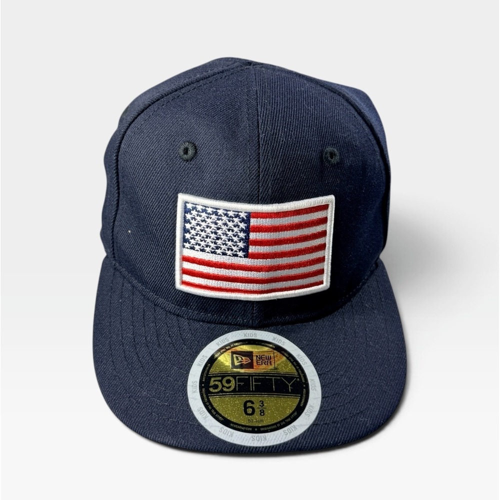 New Era 59FIFTY American Flag Fitted Hat Kids 6 3/8 Navy Blue Red Brim NEW